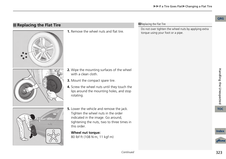 Replacing the flat tire | Acura 2013 RDX User Manual | Page 324 / 363