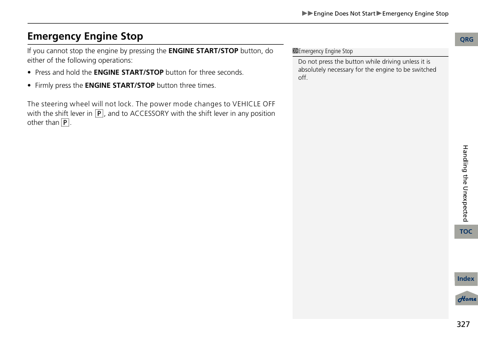 Emergency engine stop | Acura 2013 RDX User Manual | Page 328 / 363