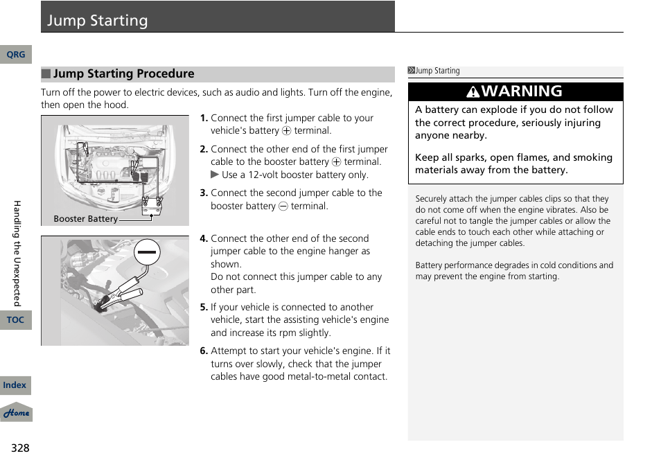 2 jump starting p. 328, Jump starting, Warning | Acura 2013 RDX User Manual | Page 329 / 363