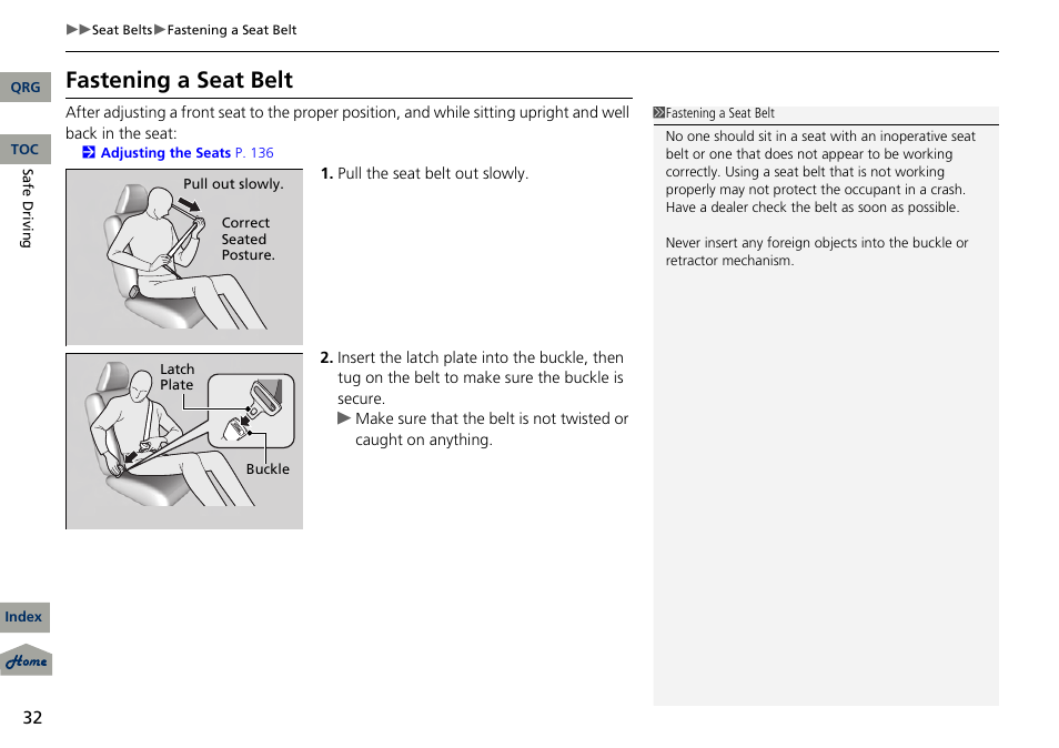 2 fastening a seat belt p. 32, Fastening a seat belt | Acura 2013 RDX User Manual | Page 33 / 363