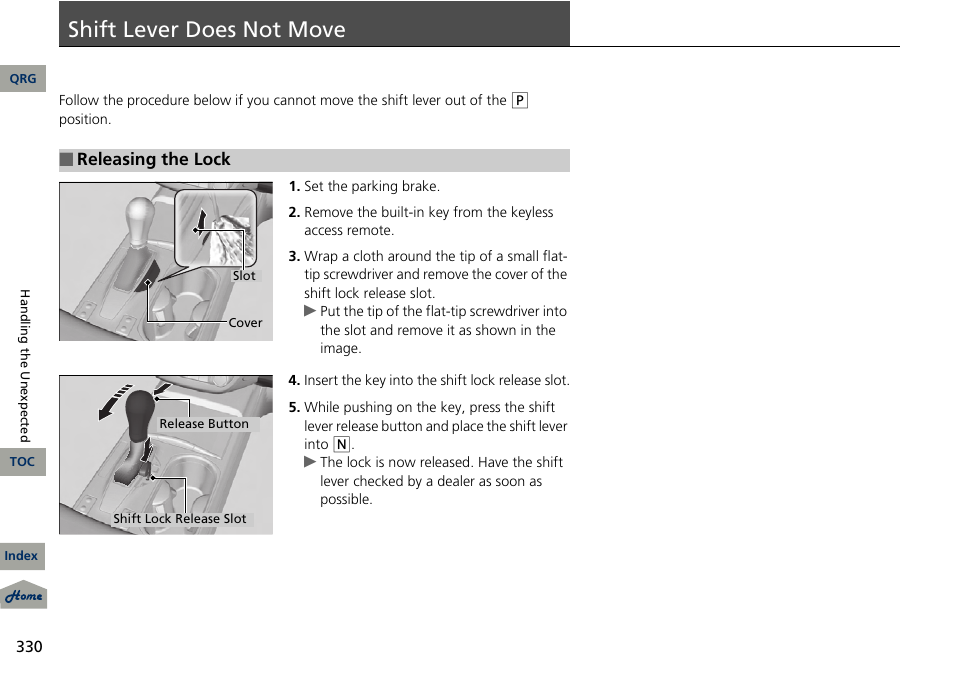 P. 330, Shift lever does not move | Acura 2013 RDX User Manual | Page 331 / 363