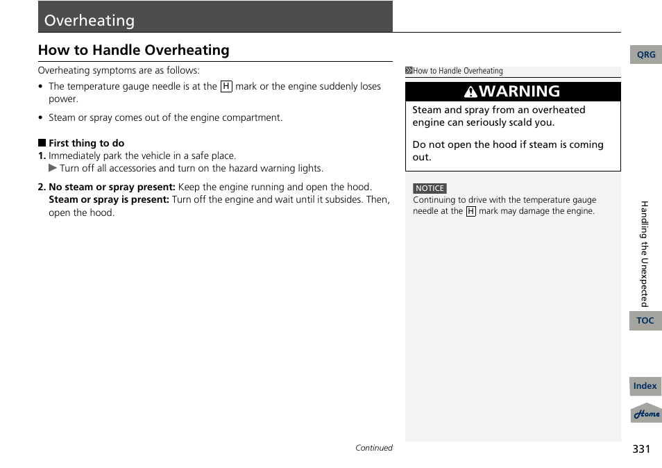 P. 331, Ating, P 331) | 2 overheating p. 331, Overheating, Warning, How to handle overheating | Acura 2013 RDX User Manual | Page 332 / 363