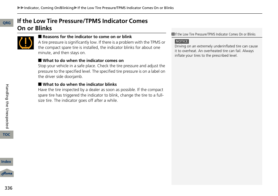 If the low tire pressure/tpms indicator comes, On or blinks | Acura 2013 RDX User Manual | Page 337 / 363