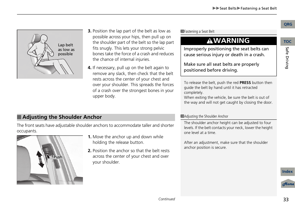 Warning | Acura 2013 RDX User Manual | Page 34 / 363