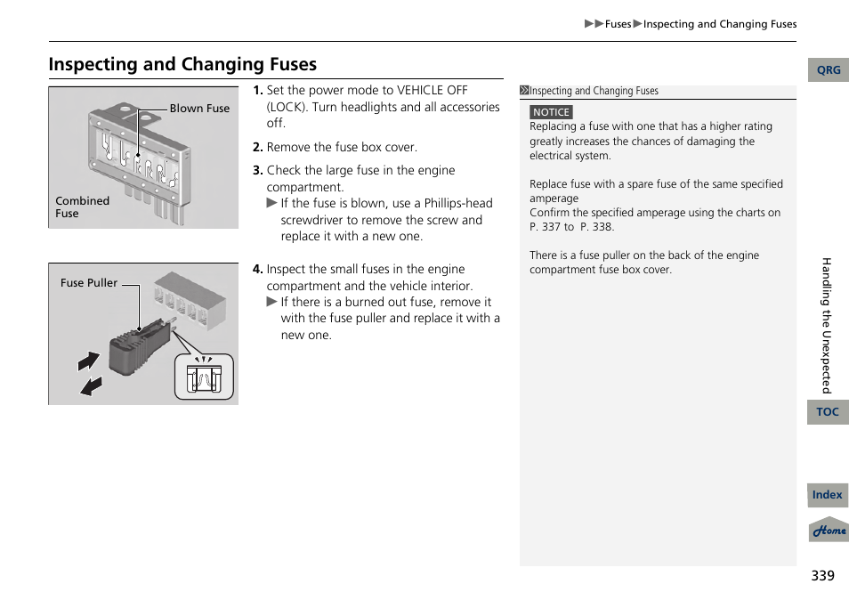 2 inspecting and changing fuses p. 339, Inspecting and changing fuses | Acura 2013 RDX User Manual | Page 340 / 363