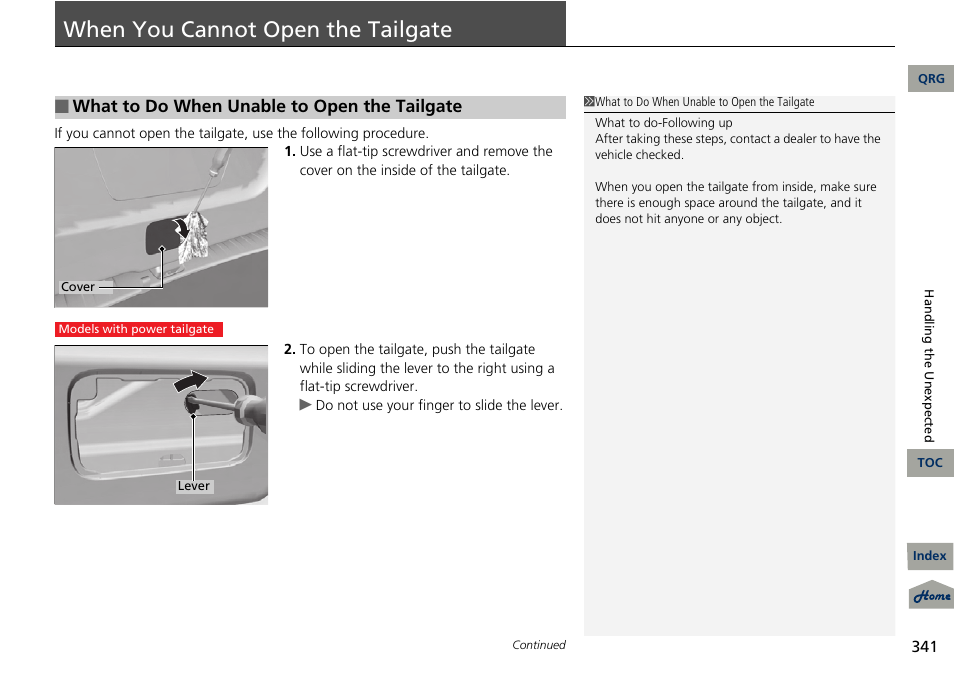 When you cannot open the tailgate, What to do when unable to open the tailgate | Acura 2013 RDX User Manual | Page 342 / 363