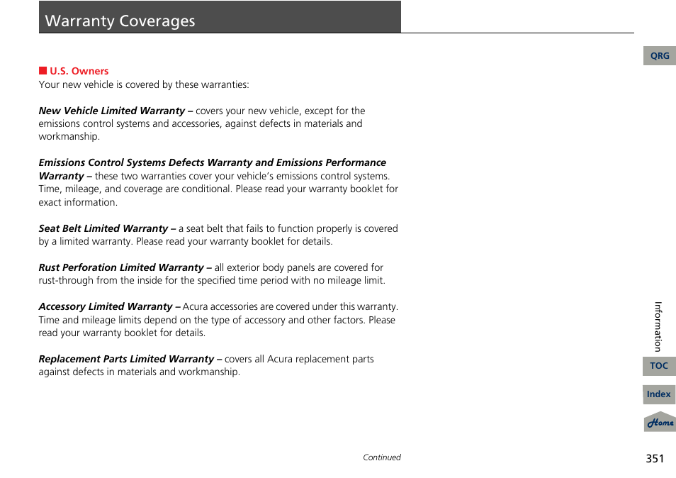 Verages, P. 351, Warranty coverages | Acura 2013 RDX User Manual | Page 352 / 363