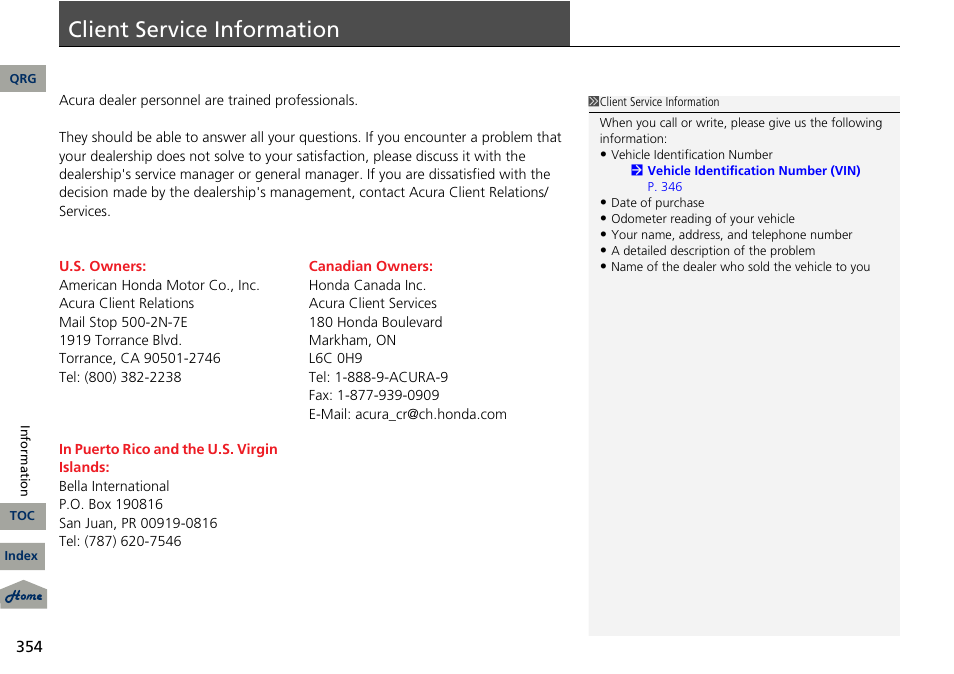 P. 354, Client service information | Acura 2013 RDX User Manual | Page 355 / 363