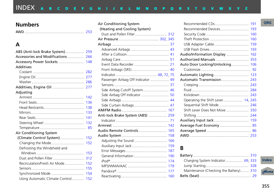 Index, P. 355, Numbers | Acura 2013 RDX User Manual | Page 356 / 363