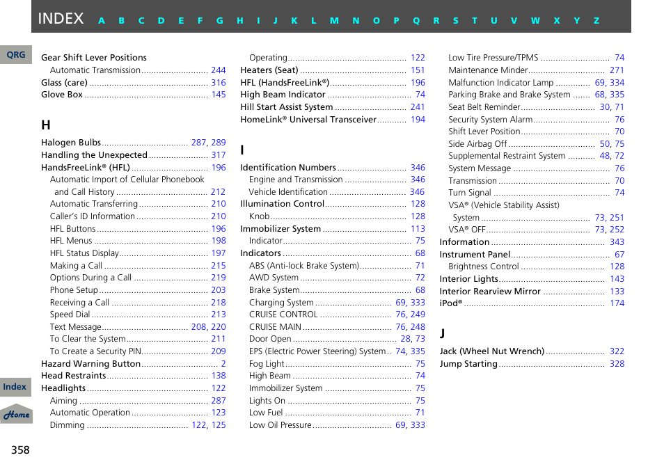 Index | Acura 2013 RDX User Manual | Page 359 / 363