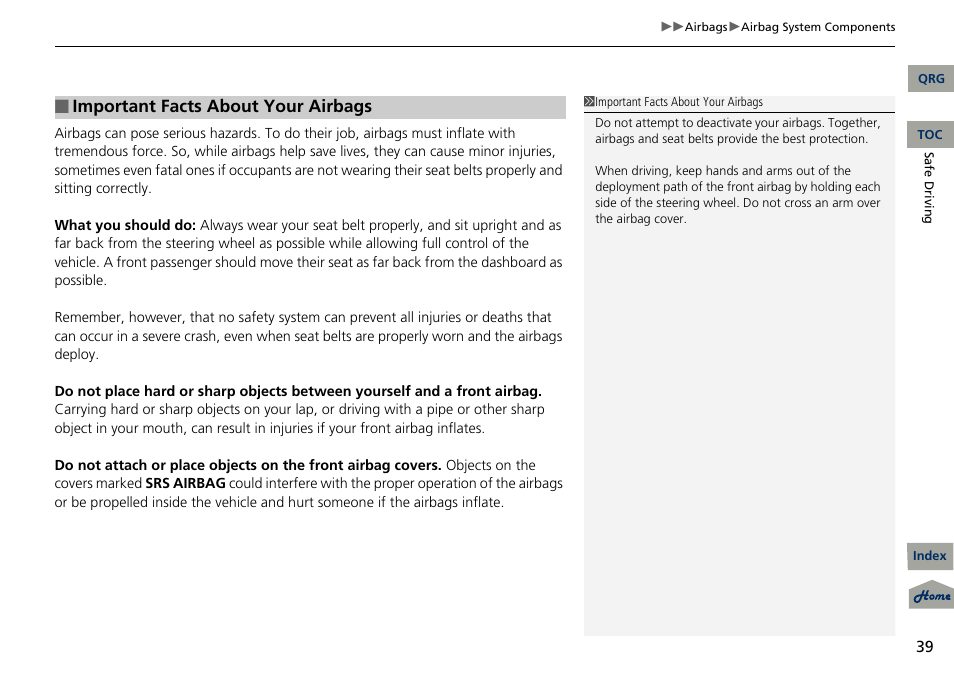 Important facts about your airbags | Acura 2013 RDX User Manual | Page 40 / 363
