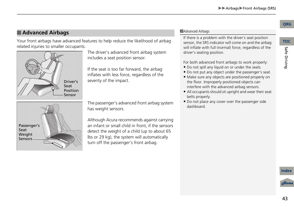 Advanced airbags | Acura 2013 RDX User Manual | Page 44 / 363