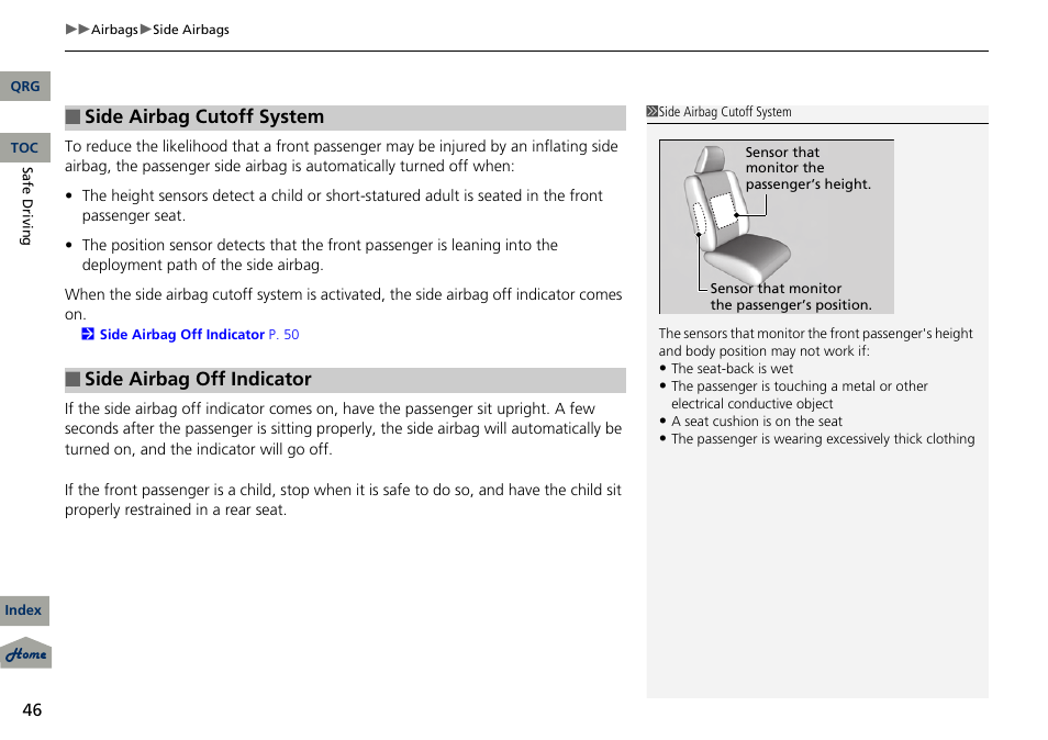 Side airbag cutoff system, Side airbag off indicator | Acura 2013 RDX User Manual | Page 47 / 363