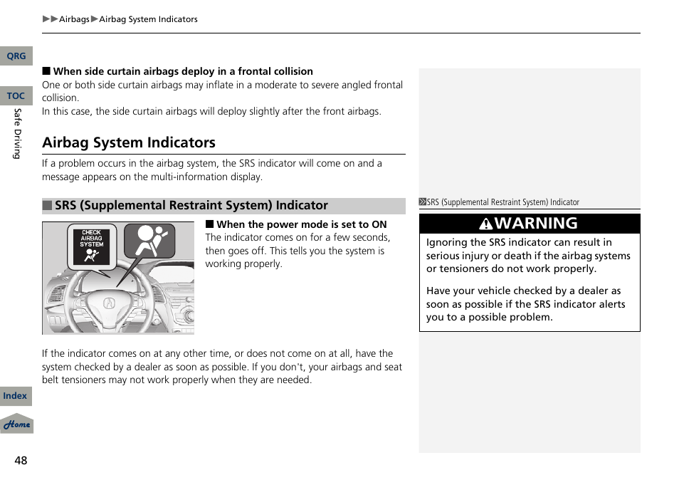 Warning, Airbag system indicators | Acura 2013 RDX User Manual | Page 49 / 363