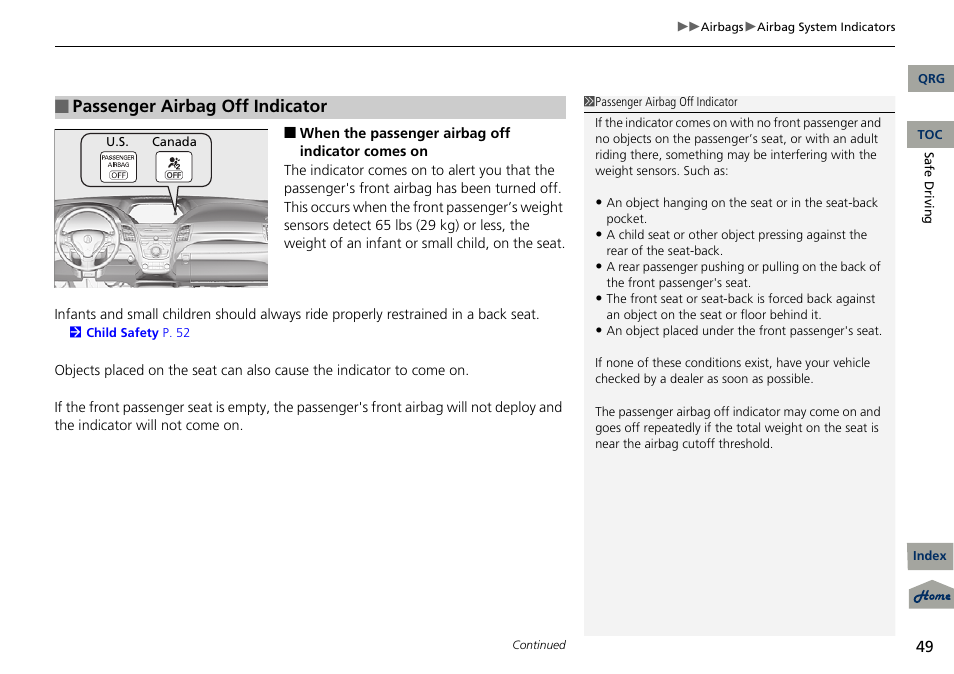 Passenger airbag off indicator | Acura 2013 RDX User Manual | Page 50 / 363