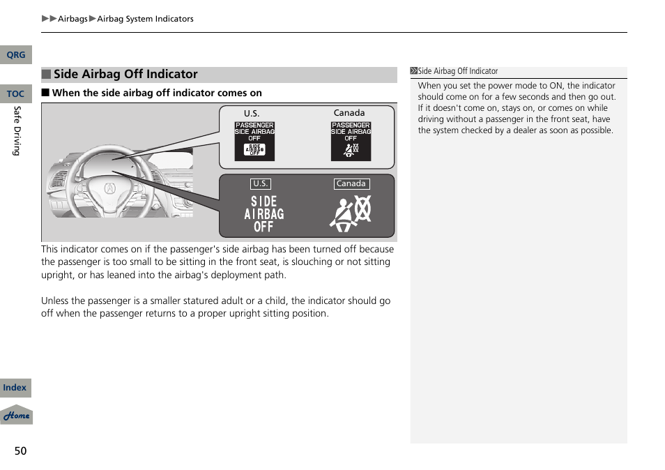 Side airbag off indicator | Acura 2013 RDX User Manual | Page 51 / 363