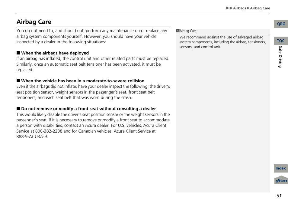 Airbag care | Acura 2013 RDX User Manual | Page 52 / 363