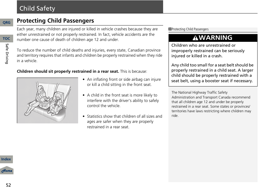 Fety, P. 52, Child safety | P 52), Child, Safety, 2 child safety p. 52, Warning, Protecting child passengers | Acura 2013 RDX User Manual | Page 53 / 363