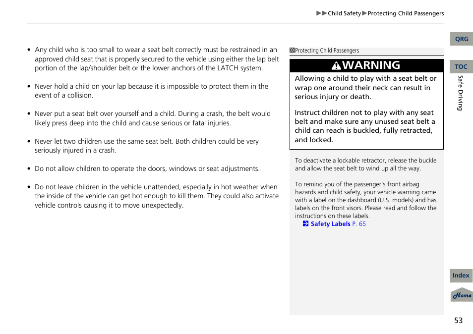 Warning | Acura 2013 RDX User Manual | Page 54 / 363