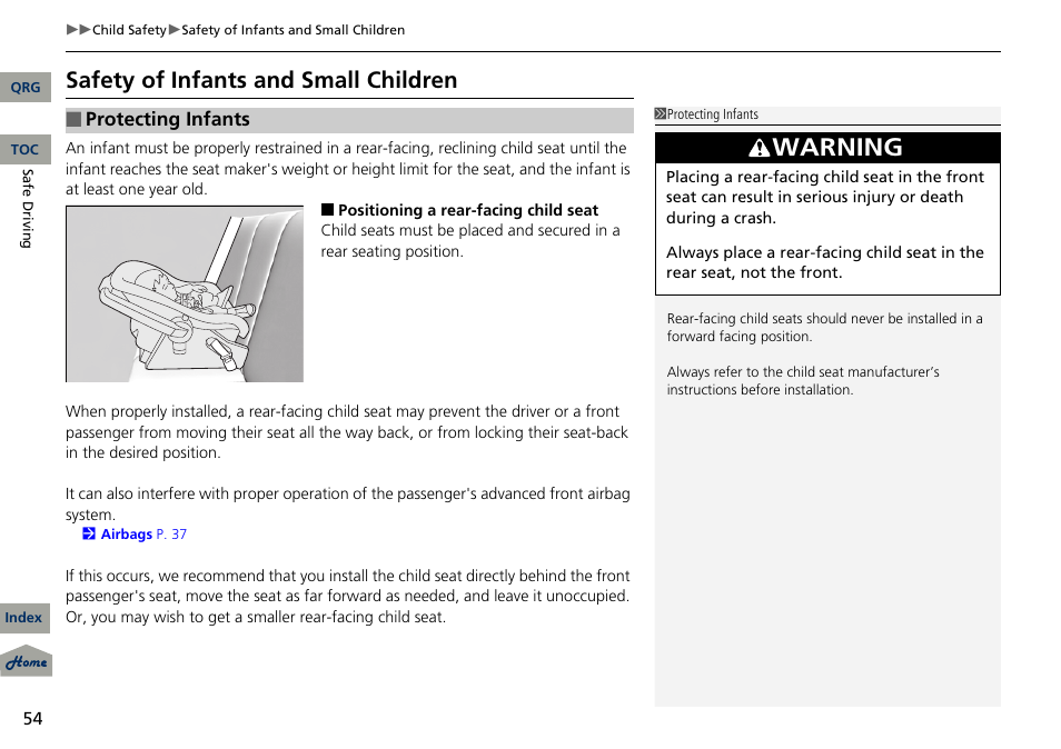 Warning, Safety of infants and small children | Acura 2013 RDX User Manual | Page 55 / 363