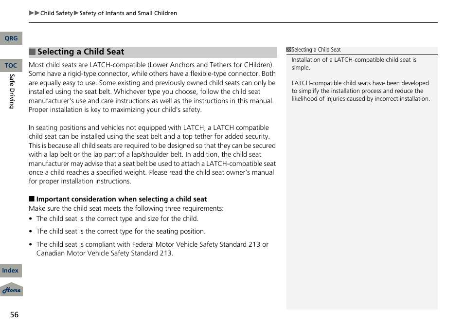 Selecting a child seat | Acura 2013 RDX User Manual | Page 57 / 363