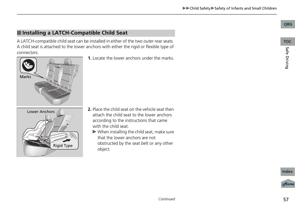 P 57), Installing a latch-compatible child seat | Acura 2013 RDX User Manual | Page 58 / 363