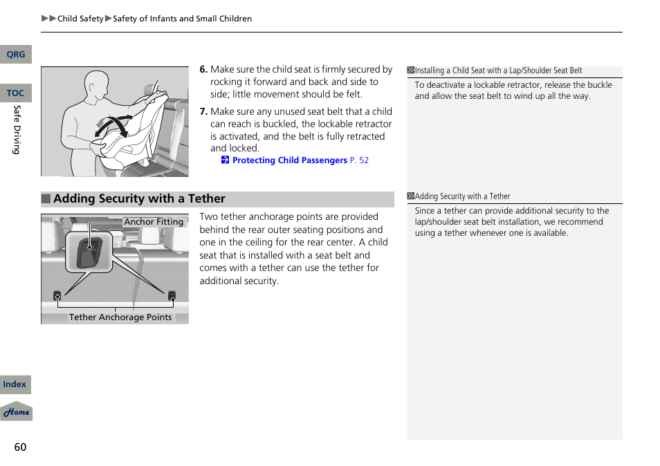 Adding security with a tether | Acura 2013 RDX User Manual | Page 61 / 363