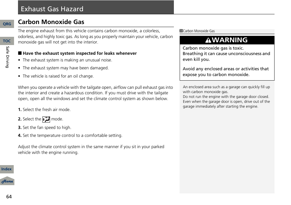 T gas hazard, P 64), Exhaust gas hazard | Warning, Carbon monoxide gas | Acura 2013 RDX User Manual | Page 65 / 363