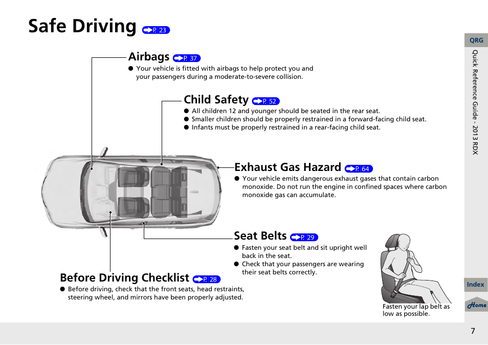 Safe driving (p 23), Safe driving, Airbags | Child safety, Exhaust gas hazard, Before driving checklist, Seat belts | Acura 2013 RDX User Manual | Page 8 / 363