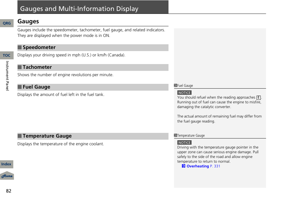 Display, P. 82, P 82) | Gauges, Multi-information display, Multi-information, Gauges and multi-information display | Acura 2013 RDX User Manual | Page 83 / 363