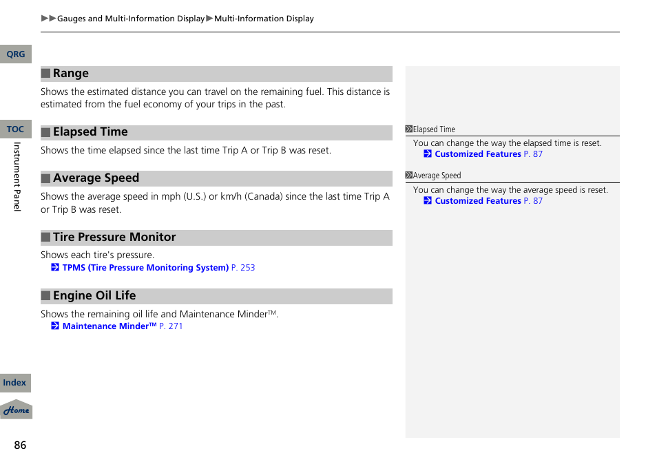 Range, Elapsed time, Average speed | Tire pressure monitor, Engine oil life | Acura 2013 RDX User Manual | Page 87 / 363