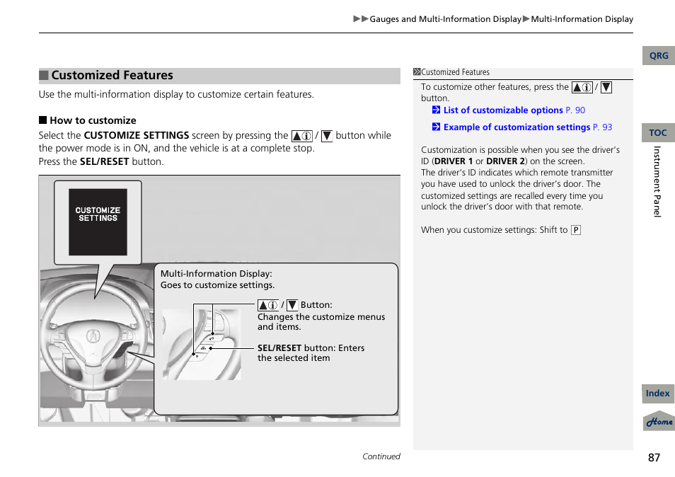 2 customized features p. 87, Customized features | Acura 2013 RDX User Manual | Page 88 / 363