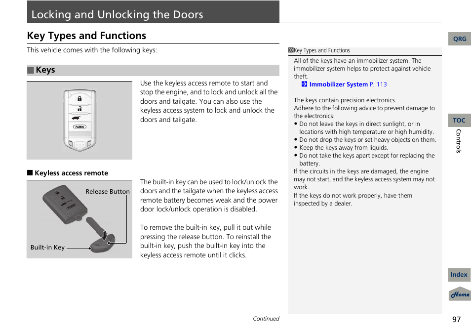 P. 97, Locking, Unlocking | Doors, Locking and unlocking the doors, Key types and functions, Keys | Acura 2013 RDX User Manual | Page 98 / 363