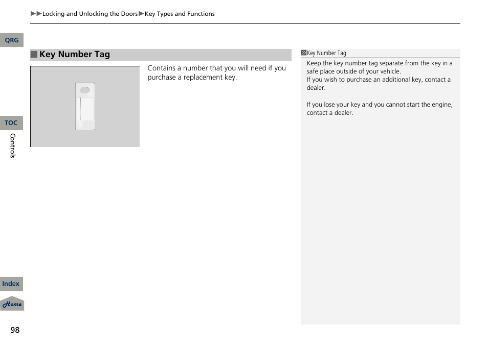 Key number tag | Acura 2013 RDX User Manual | Page 99 / 363