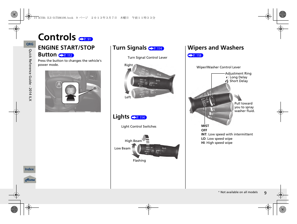 Controls (p 91), Controls, Engine start/stop button | Turn signals, Lights, Wipers and washers | Acura 2014 ILX User Manual | Page 10 / 351