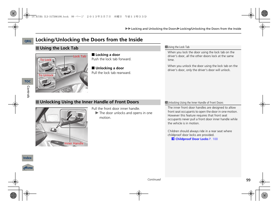 P 99), Locking/unlocking the doors from the inside | Acura 2014 ILX User Manual | Page 100 / 351