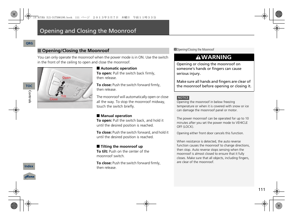 Opening and closing the moonroof, P. 111, P 111) | Warning | Acura 2014 ILX User Manual | Page 112 / 351