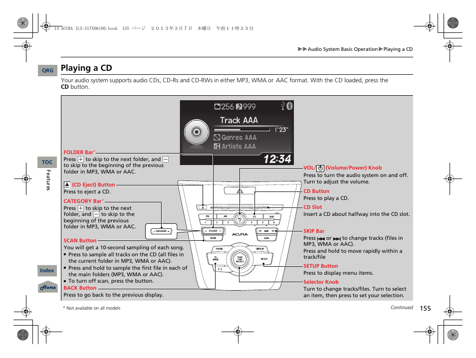 Playing a cd | Acura 2014 ILX User Manual | Page 156 / 351