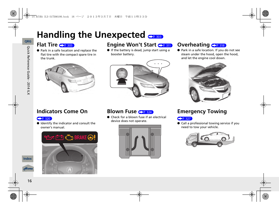 Handling the unexpected (p 303), Handling the unexpected, Flat tire | Indicators come on, Engine won't start, Blown fuse, Overhea ting, Emergency towing | Acura 2014 ILX User Manual | Page 17 / 351