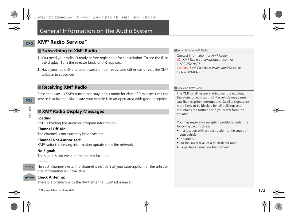 General information on the audio system, P. 173, General information on the audio | System, Xm® radio service | Acura 2014 ILX User Manual | Page 174 / 351