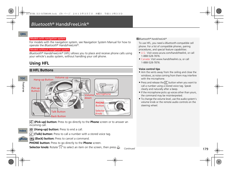 Bluetooth® handsfreelink, P. 179, P 179) | Bluetooth ® handsfreelink, Using hfl | Acura 2014 ILX User Manual | Page 180 / 351