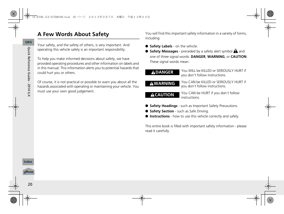 A few words about safety | Acura 2014 ILX User Manual | Page 21 / 351