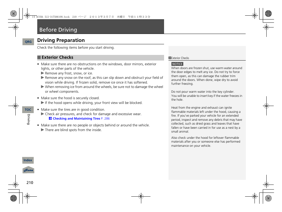 Before driving, P. 210, Driving preparation | Acura 2014 ILX User Manual | Page 211 / 351