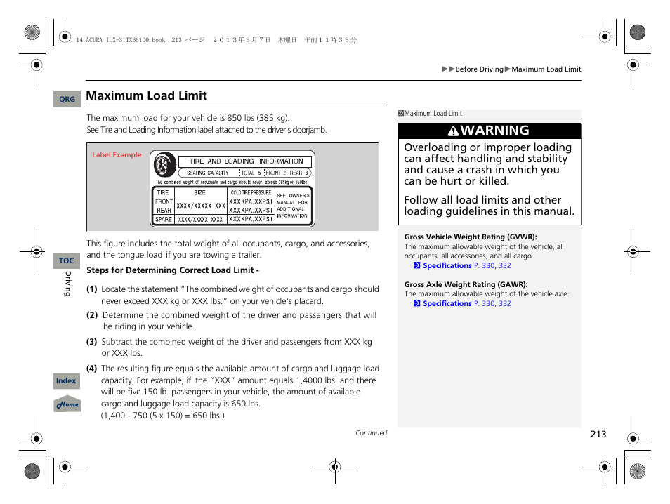 2 maximum load limit p. 213, Warning, Maximum load limit | Acura 2014 ILX User Manual | Page 214 / 351