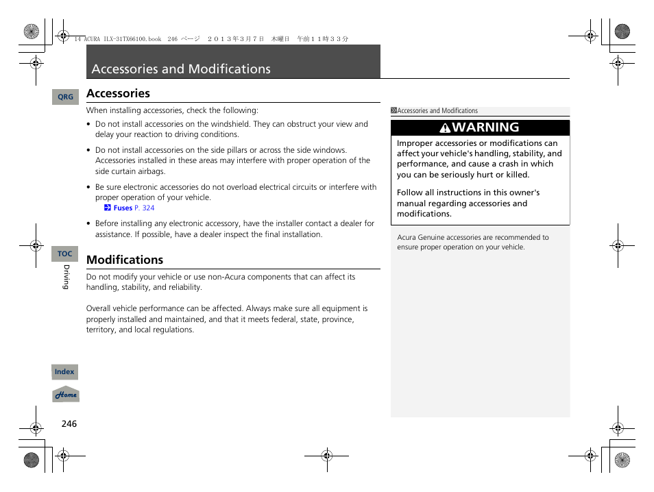 Accessories and modifications, P. 246, Warning | Accessories, Modifications | Acura 2014 ILX User Manual | Page 247 / 351