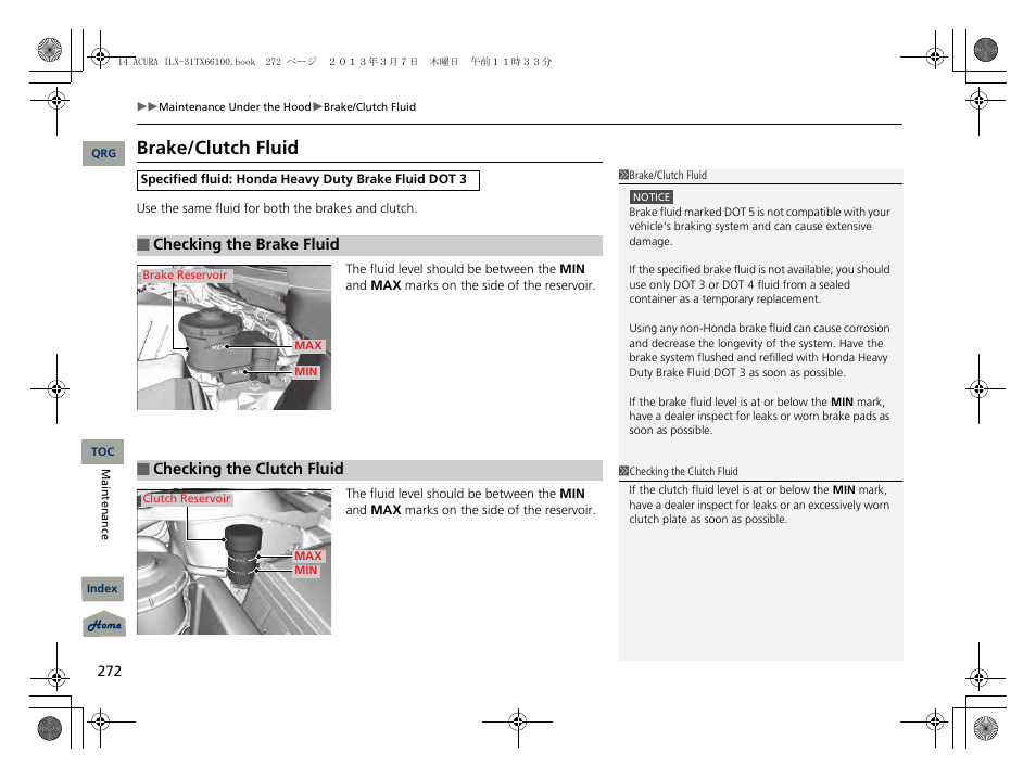 2 brake/clutch fluid p. 272, Brake fluid, Brake/clutch fluid | Acura 2014 ILX User Manual | Page 273 / 351