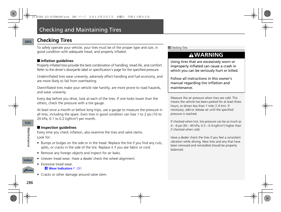 Checking and maintaining tires, P. 286, P 286) | 2 checking and maintaining tires p. 286, Warning, Checking tires | Acura 2014 ILX User Manual | Page 287 / 351