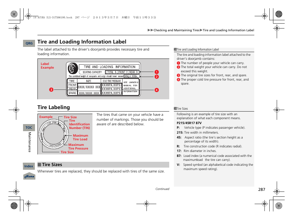 Tire and loading information label, Tire labeling, Tire sizes | Acura 2014 ILX User Manual | Page 288 / 351