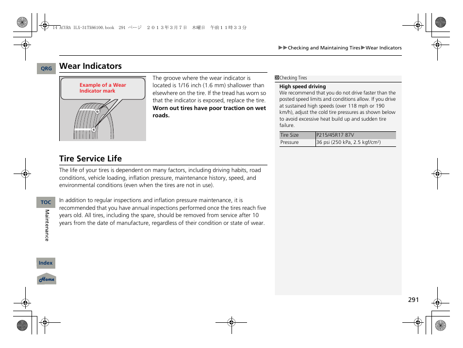 Wear indicators, Tire service life | Acura 2014 ILX User Manual | Page 292 / 351