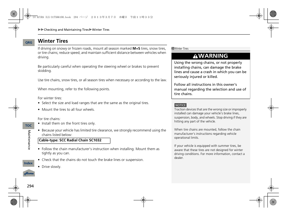 Warning, Winter tires | Acura 2014 ILX User Manual | Page 295 / 351